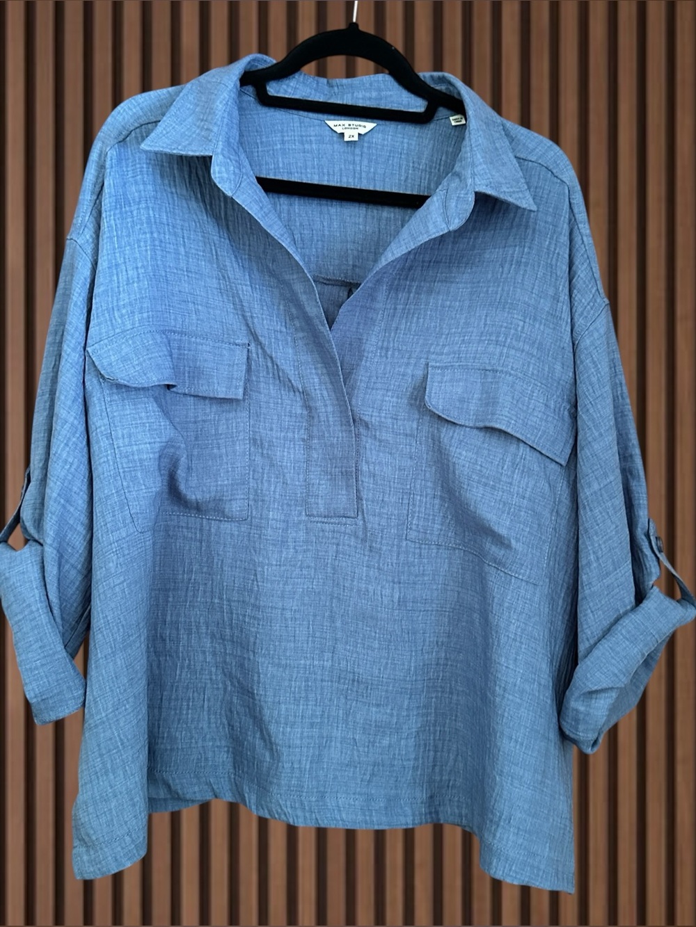 Max Studio Light Blue Split-Neck Shirt